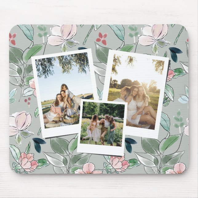 Personalized 3 Photo Green Floral Background  Mouse Pad (Front)