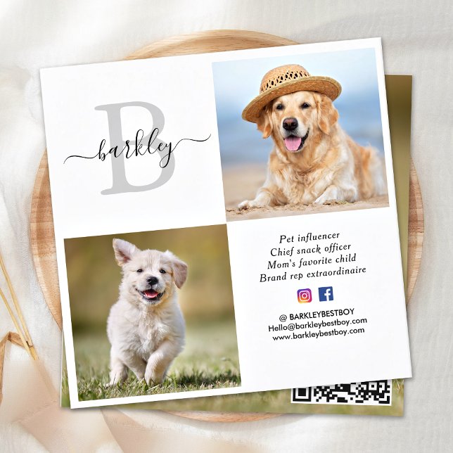 Personalized 3 Photo Social Media QR Code Monogram Square Business Card (Creator Uploaded)