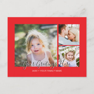 Personalized 3 photos Universal Red Greetings Postcard