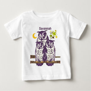 Personalized 3 Purple Owls Moon and Stars Baby T-Shirt