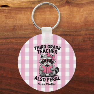Personalized 3rd Grade Teacher Cute Feral Raccoon  Keychain