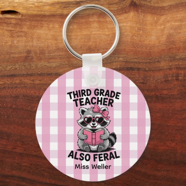 Personalized 3rd Grade Teacher Cute Feral Raccoon  Keychain (Back)