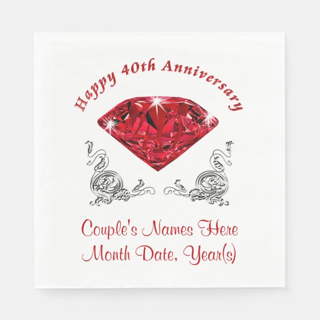 Personalized 40th Anniversary Napkins, Ruby Napkin (Front)