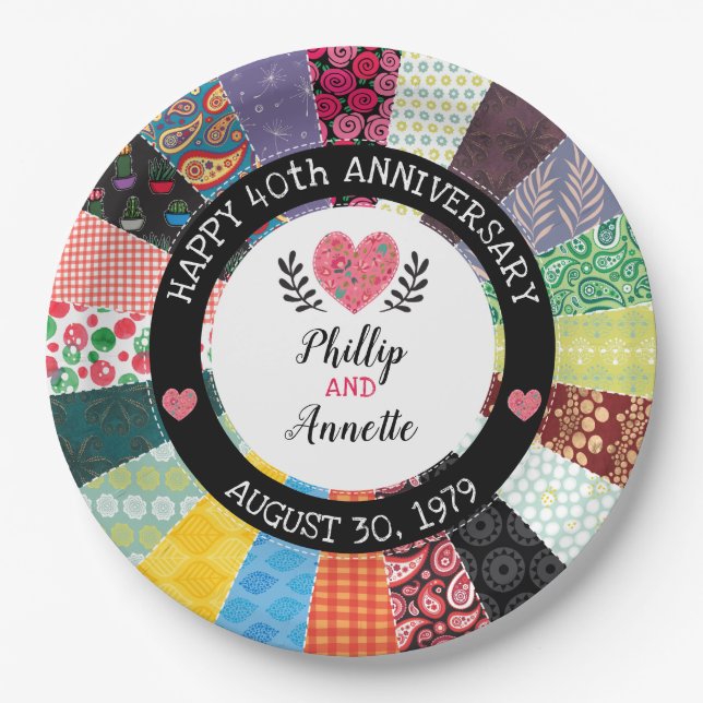 Personalized 40th Anniversary, Patchwork Quilt Paper Plate (Front)