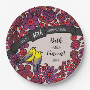 Personalized 40th Anniversary, Ruby Floral Birds Paper Plate