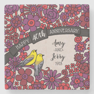 Personalized 40th Anniversary, Ruby Floral Birds Stone Coaster