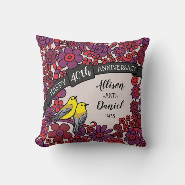 Personalized 40th Anniversary, Ruby Floral Birds Throw Pillow (Front)