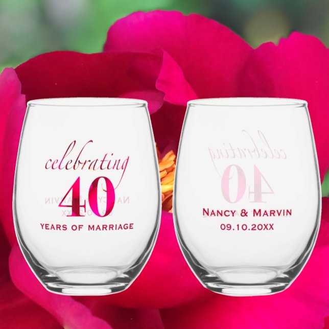 Personalized 40th Anniversary Ruby Rose Keepsake Stemless Wine Glass (Add couples names and 40th wedding anniversary date for stylish ruby red rose keepsake wine glasses.)