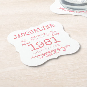Personalized 40th Birthday 1981 Pink White Elegant Paper Coaster