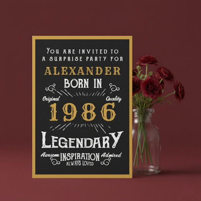 Personalized 40th Birthday 1986 Black Gold Legend Invitation (1986 birthday invitation. Red background.)