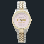 Personalized 40th Birthday 1986 Pink Gold Woman's Watch<br><div class="desc">Celebrate a remarkable milestone with this exquisite Personalized 40th Birthday Watch for women. This elegant timepiece features a chic design in soft blush pink, perfectly accented with luxurious gold-look typography and a stylish two-tone silver and gold bracelet. The watch face proudly displays the classic birth year, 1986. It is a...</div>