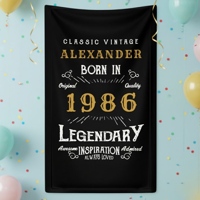 Personalized 40th Birthday 1986 Vintage Legend Banner (Born 1986 legendary birthday banner blue background.)