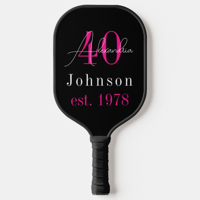 Personalized 40th Birthday Black Hot Pink Pickleball Paddle (Front)