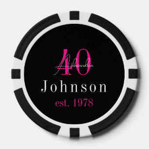 Personalized 40th Birthday Black Hot Pink Poker Chips