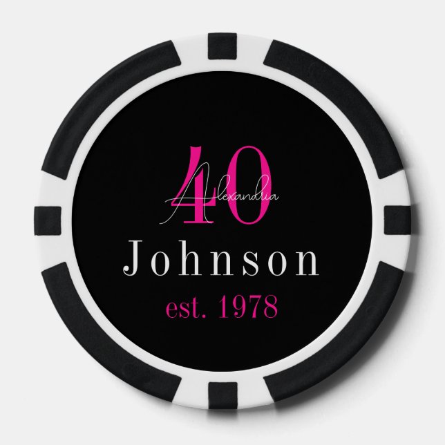 Personalized 40th Birthday Black Hot Pink Poker Chips (Front)