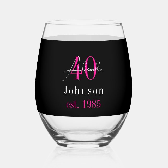 Personalized 40th Birthday Black Hot Pink Stemless Wine Glass (Front)