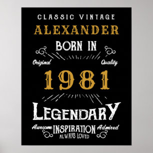 Personalized 40th Birthday Born 1981 Vintage Black Poster