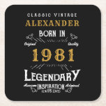 Personalized 40th Birthday Born 1981 Vintage Black Square Paper Coaster<br><div class="desc">A personalized classic paper coaster design for that birthday celebration for somebody born in 1981 and turning 40. Add the name to this vintage retro style black, white and gold design for a custom 40th birthday gift. Easily edit the name and year with the template provided. A wonderful custom black...</div>