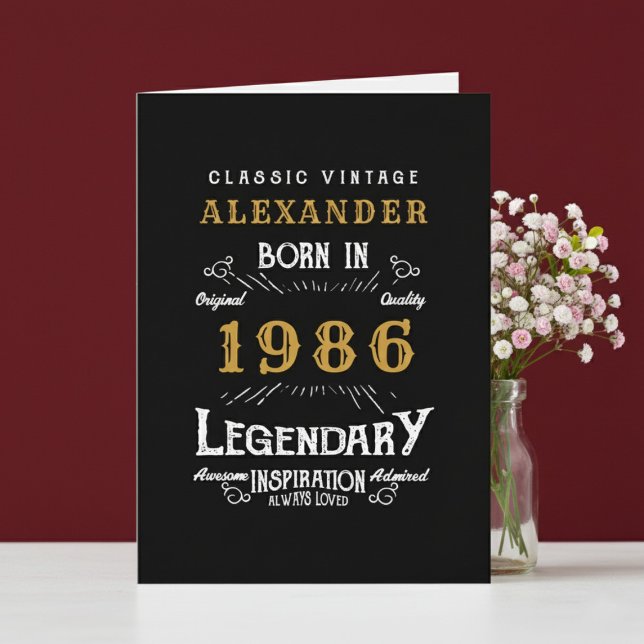 Personalized 40th Birthday Born 1986 Vintage Black Card (Born 1986 birthday greeting card. Red and white background.)