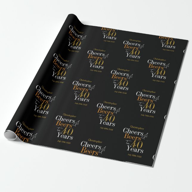 Personalized 40th Birthday Cheers and Beers Wrapping Paper (Unrolled)