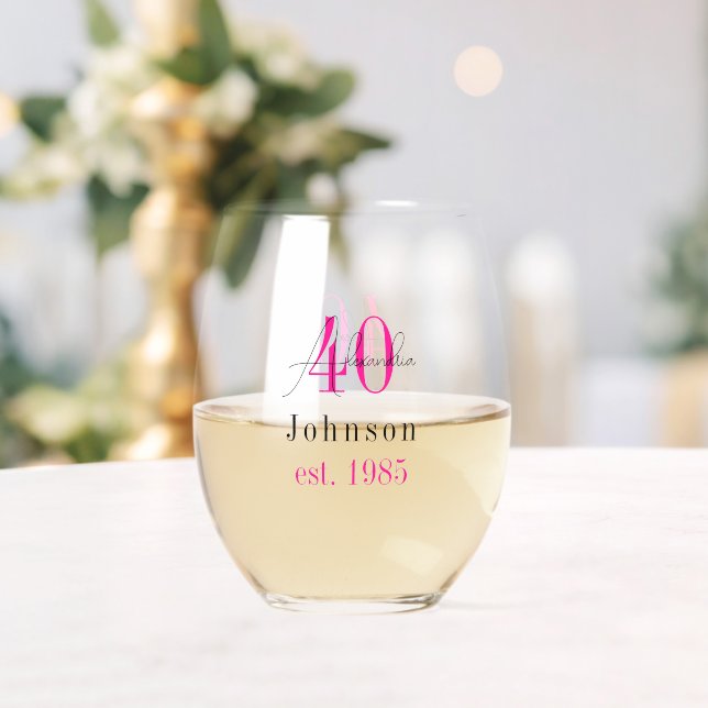 Personalized 40th Birthday Hot Pink Typography Stemless Wine Glass (Insitu (Wedding))