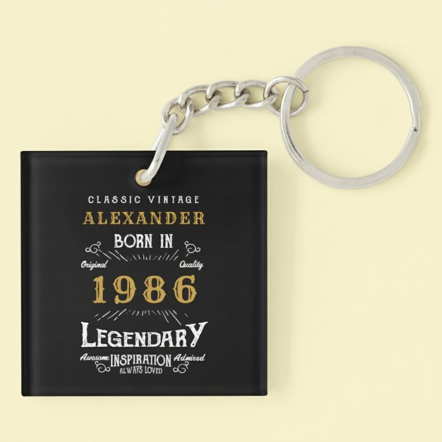 Personalized 40th Birthday Legend 1986 Vintage Keychain (Born 1986 birthday keychain. Pastel background.)