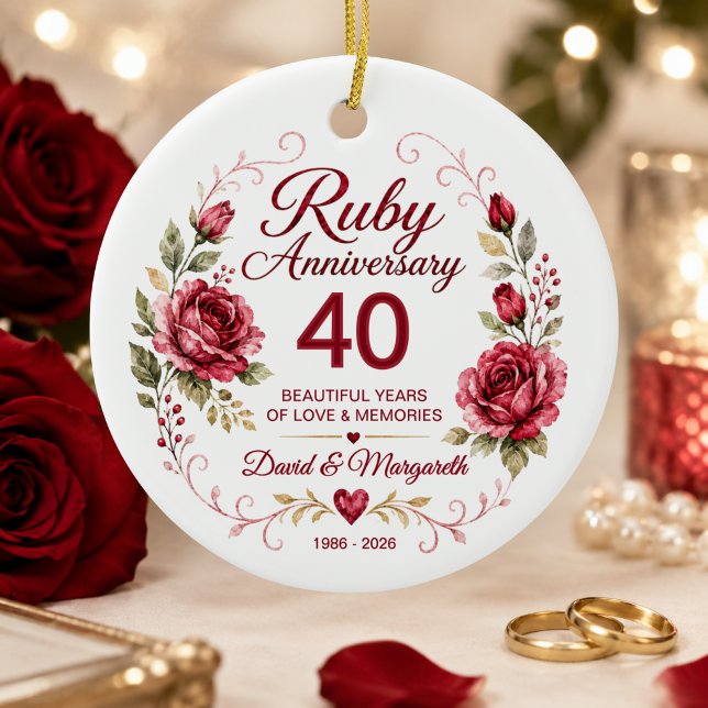 Personalized 40th Ruby Wedding Anniversary Ceramic Ornament (Creator Uploaded)