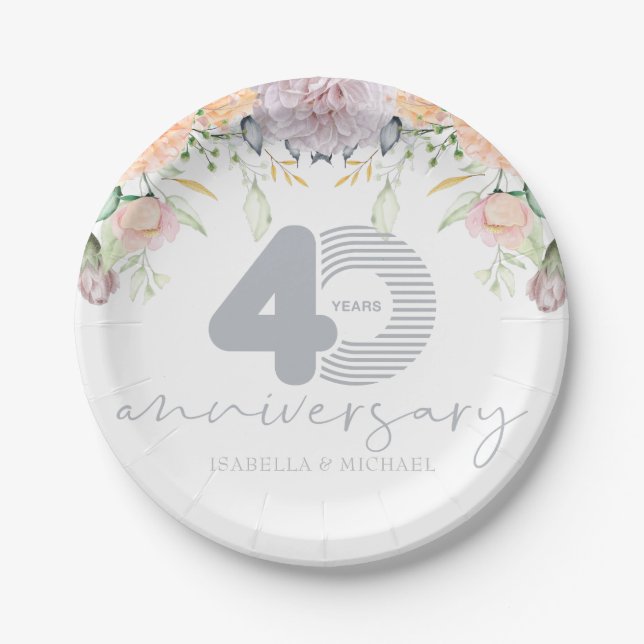 Personalized 40th Wedding Anniversary Floral Paper Plate (Front)