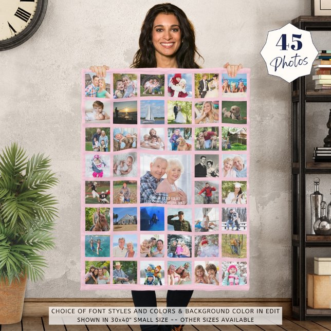  Personalized 45 Photo Collage Pink or Your Colour Fleece Blanket (Creator Uploaded)