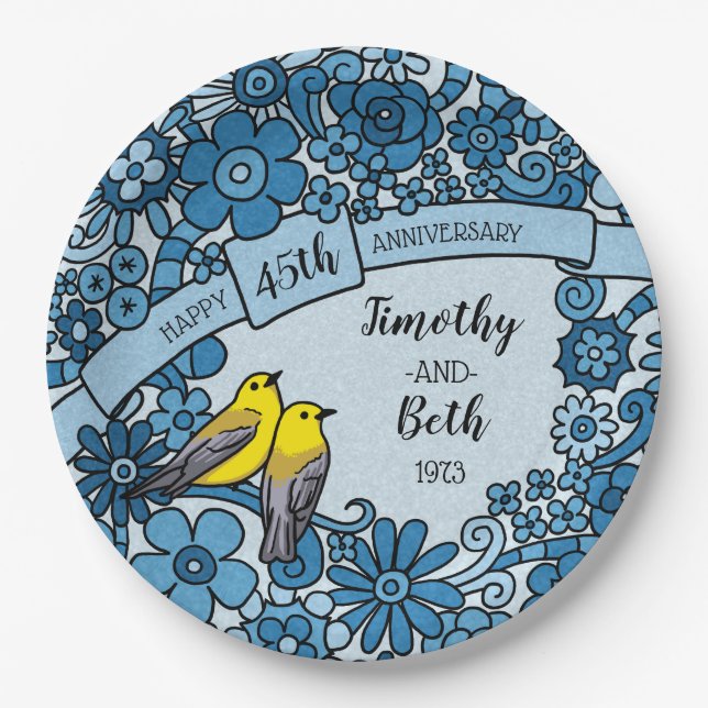Personalized 45th Anniversary Sapphire Floral Bird Paper Plate (Front)