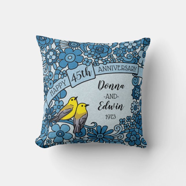 Personalized 45th Anniversary Sapphire Floral Bird Throw Pillow (Front)
