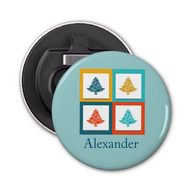 Personalized 4 Christmas Trees Retro Design Bottle Opener (Front)