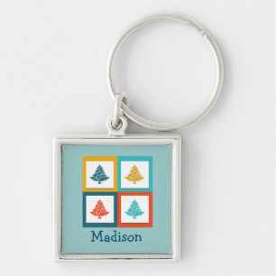 Personalized 4 Christmas Trees Retro Design Keychain