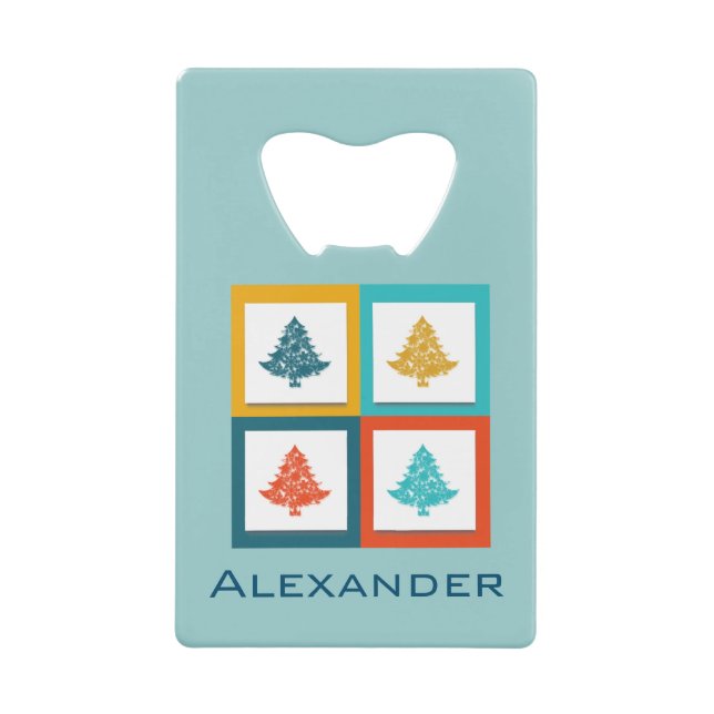 Personalized 4 Christmas Trees Retro Design Wallet Bottle Opener (Front)