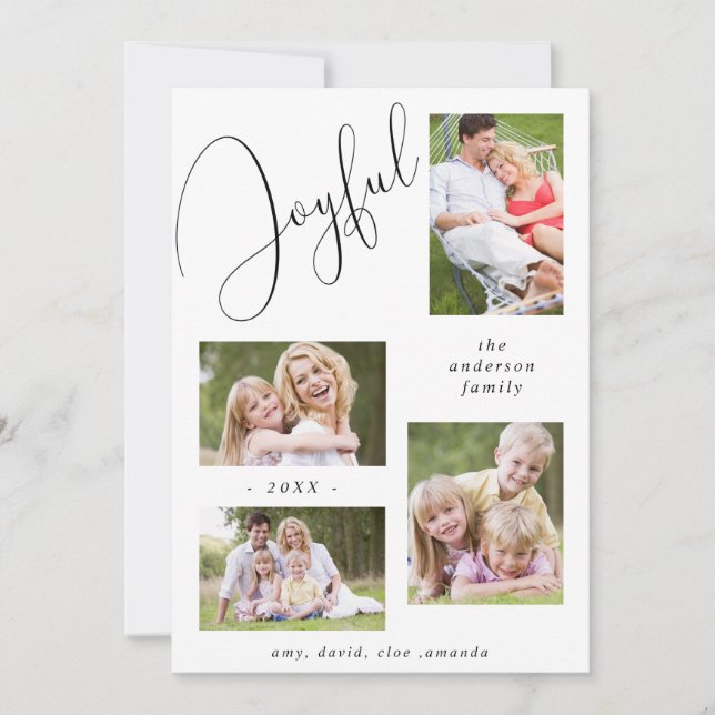 Personalized 4 Photo Chic Script Joyful Black Holiday Card (Front)