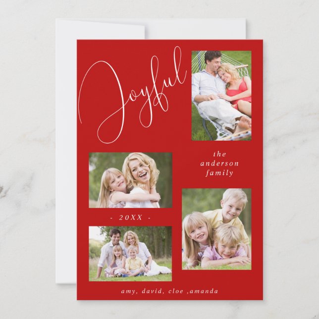 Personalized 4 Photo Chic Script Joyful Red Holiday Card (Front)