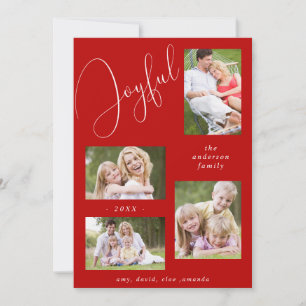 Personalized 4 Photo Chic Script Joyful Red Holiday Card