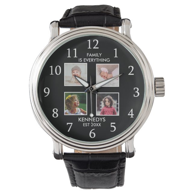 Personalized  4 Photo Collage Family Name Black Watch (Front)