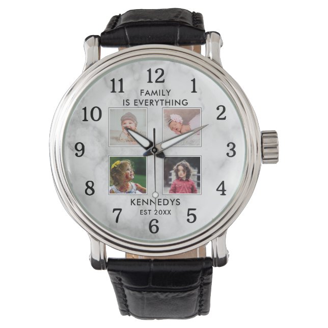 Personalized  4 Photo Collage Family Name Marble Watch (Front)