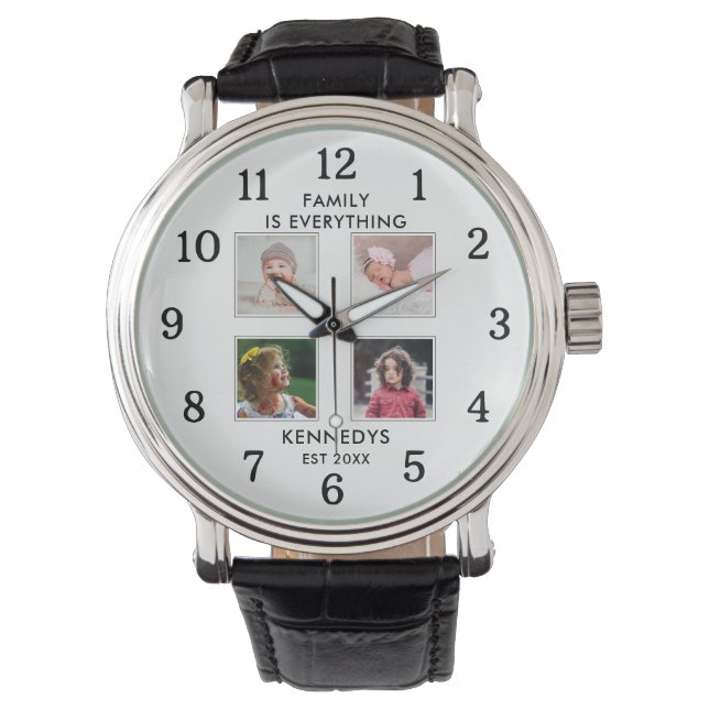 Personalized  4 Photo Collage Family Name White Watch (Front)