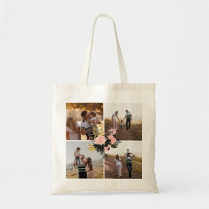Personalized 4 Photo Collage Fancy Floral Tote Bag