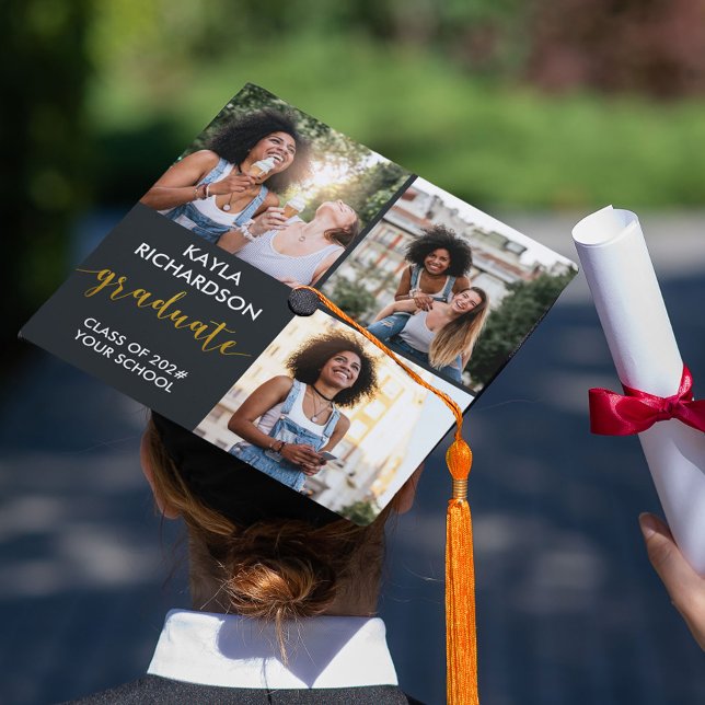 Personalized 4 Photo Collage Gold Graduation Cap Topper (Creator Uploaded)
