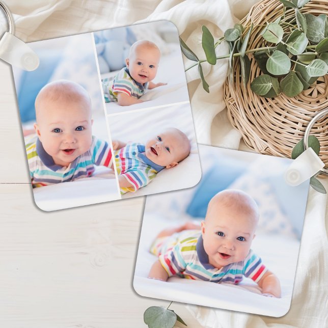 Personalized 4 Photo Collage Modern Newborn Baby  Keychain (Creator Uploaded)