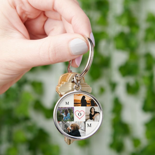 Personalized 4-Photo Collage Mom Monogram Keychain (Hand)