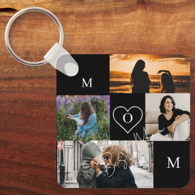 Personalized 4-Photo Collage Mom Monogram Keychain (Front)