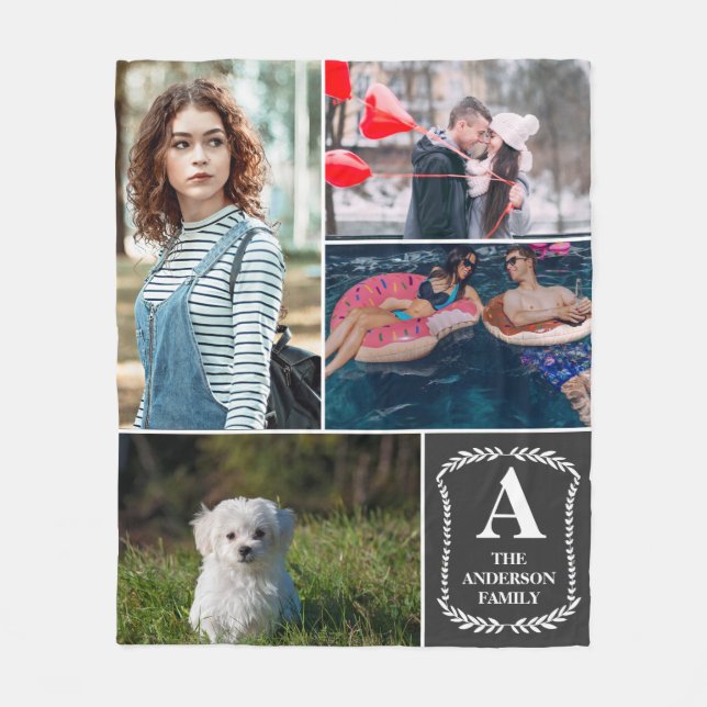 Personalized 4 Photo Collage Monogrammed & Named Fleece Blanket (Front)