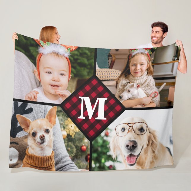 Personalized 4 Photo Collage Red Plaid Monogram Fleece Blanket (In Situ)