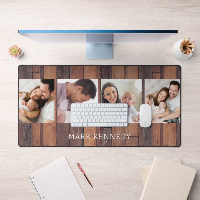 Personalized 4 Photo Collage Rustic Pallet Wood  Desk Mat (Office 1)
