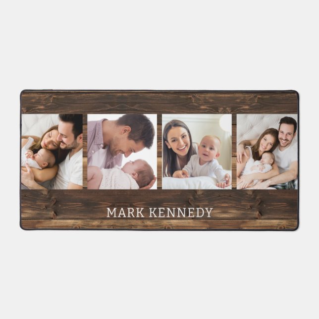 Personalized 4 Photo Collage Rustic Wood  Desk Mat (Front)