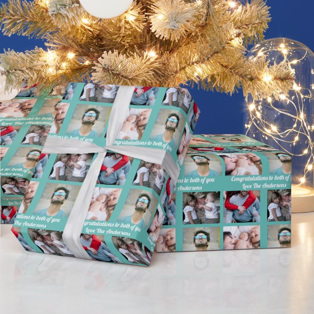 Personalized 4 photo family with DIY message red Wrapping Paper (Holidays)